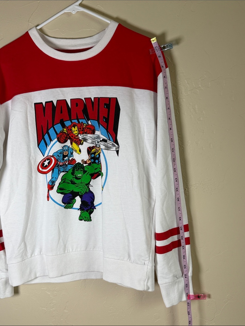 Marvel White and Red Crewneck Sweatshirt with Avengers Graphic - Picture 3 of 6